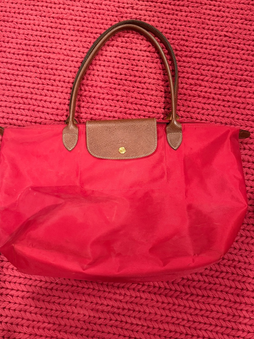 Longchamp Red Tote Bag with Brown Trim - Women's Handbag